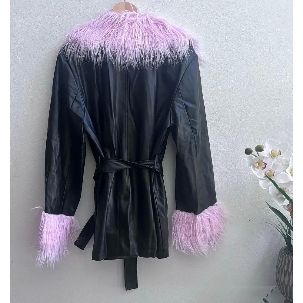 ASOS DESIGN Brog‎ Cuff Faux Leather Black & Pink 70’s Retro Jacket Women's US 14